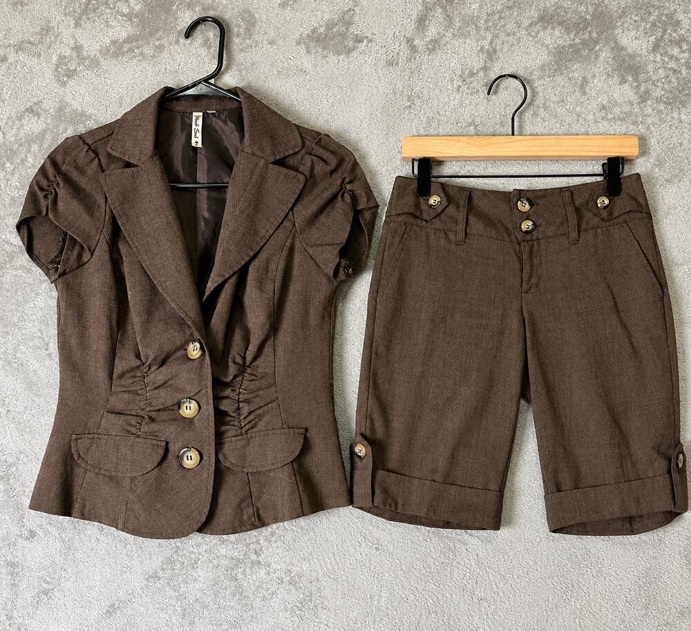 Vintage Y2K Tweed Plaid Blazer Jacket & Capri Shorts Set Dark Academia Preppy S